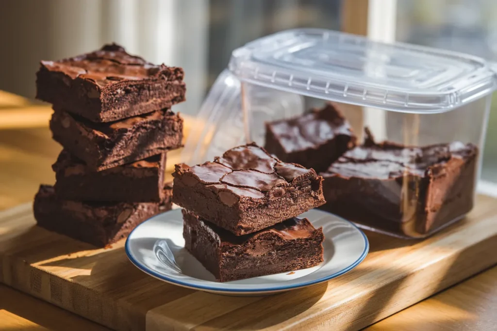 Stack of moist chocolate brownies on a wooden cutting board with an airtight container nearby.