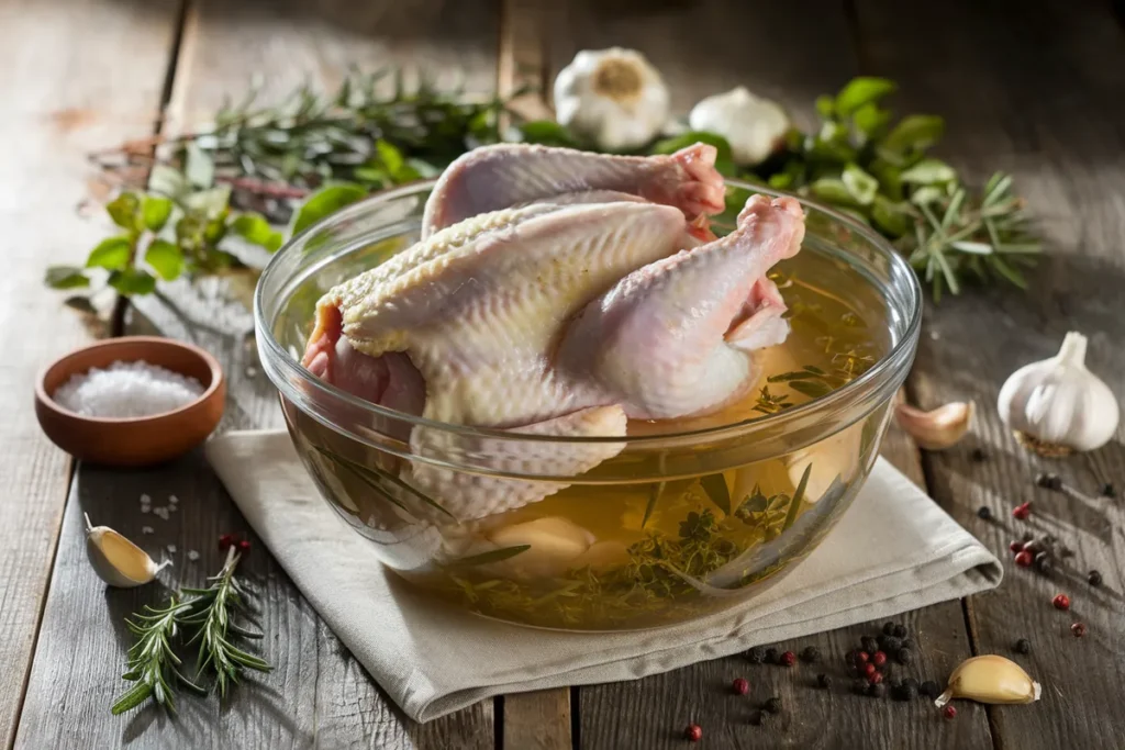 Raw chicken in a bowl of brine with herbs, peppercorns, and lemon