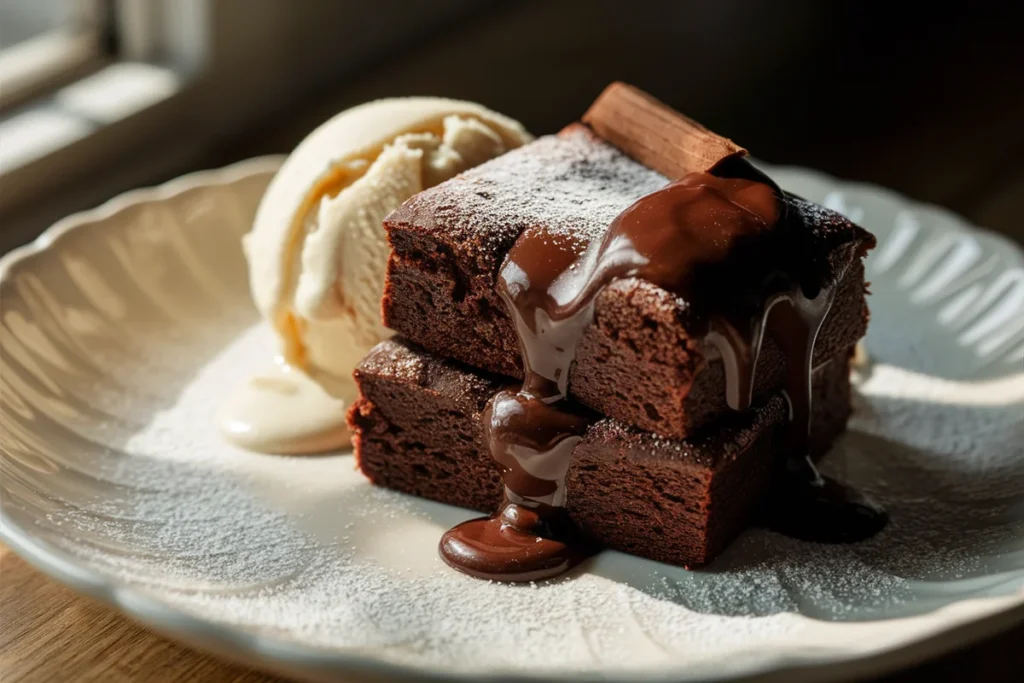 Freshly baked chocolate brownie cake topped with glossy chocolate ganache, sliced to reveal its rich and fudgy texture, with berries and mint garnish on a rustic wooden table.