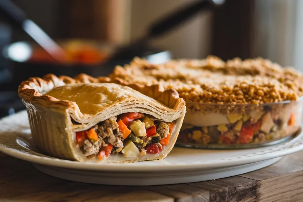 Side-by-side comparison of a golden pot pie and a layered casserole on a kitchen countertop.