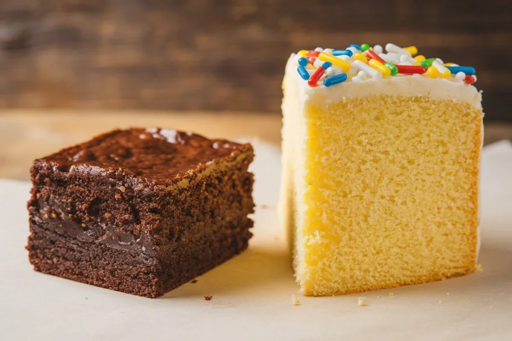 A split-screen image comparing a dense, fudgy brownie with a light, airy slice of cake.