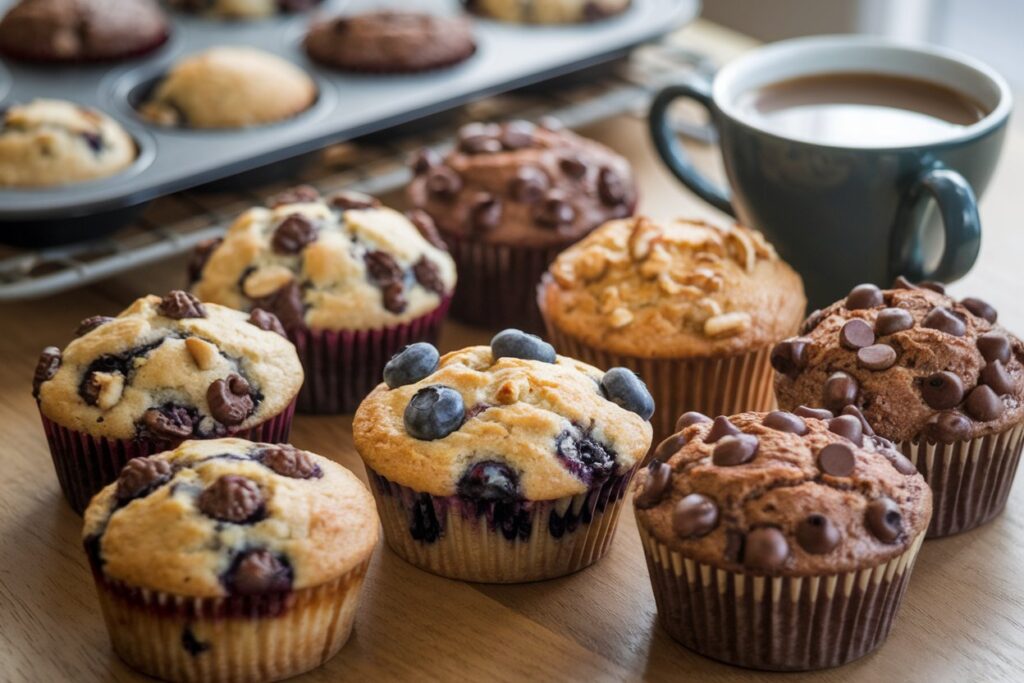 A variety of moist muffins, including blueberry, chocolate chip, and pumpkin spice, displayed on a wooden table with fresh ingredients.