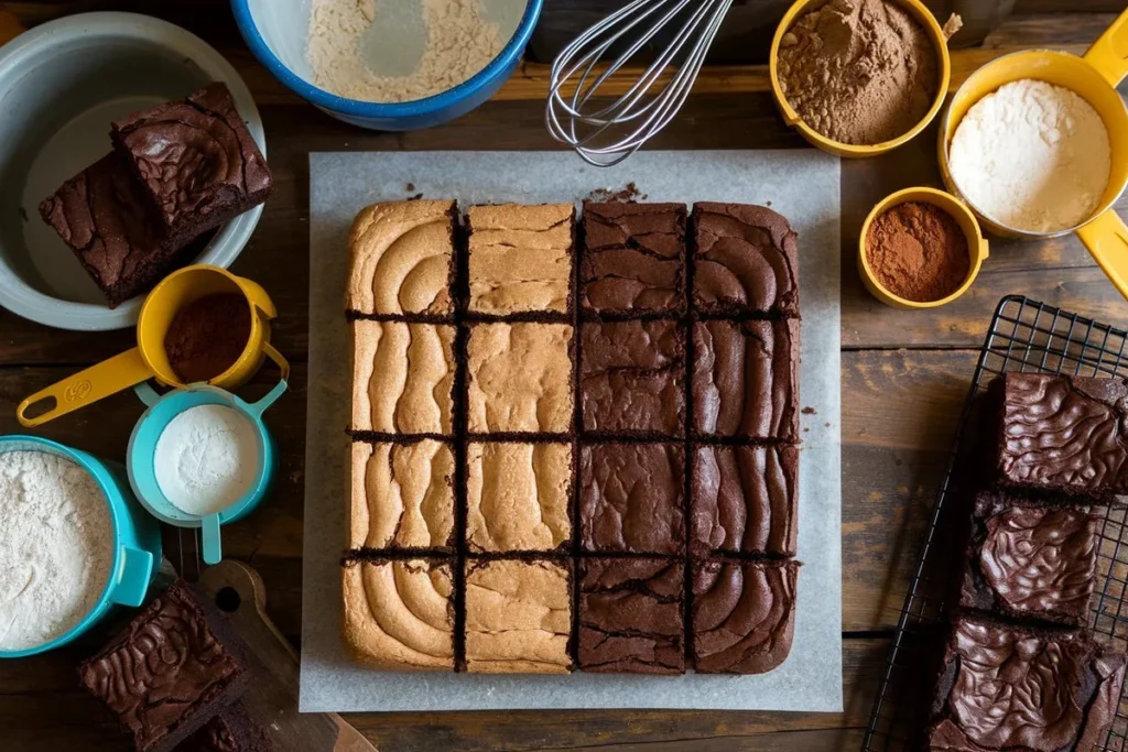 A comparison of two types of brownies, one batch cakey and the other fudgy, with baking tools in the background.