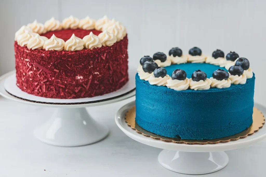 Overhead view of red velvet and blue velvet cakes with cream cheese frosting on a rustic wooden table.