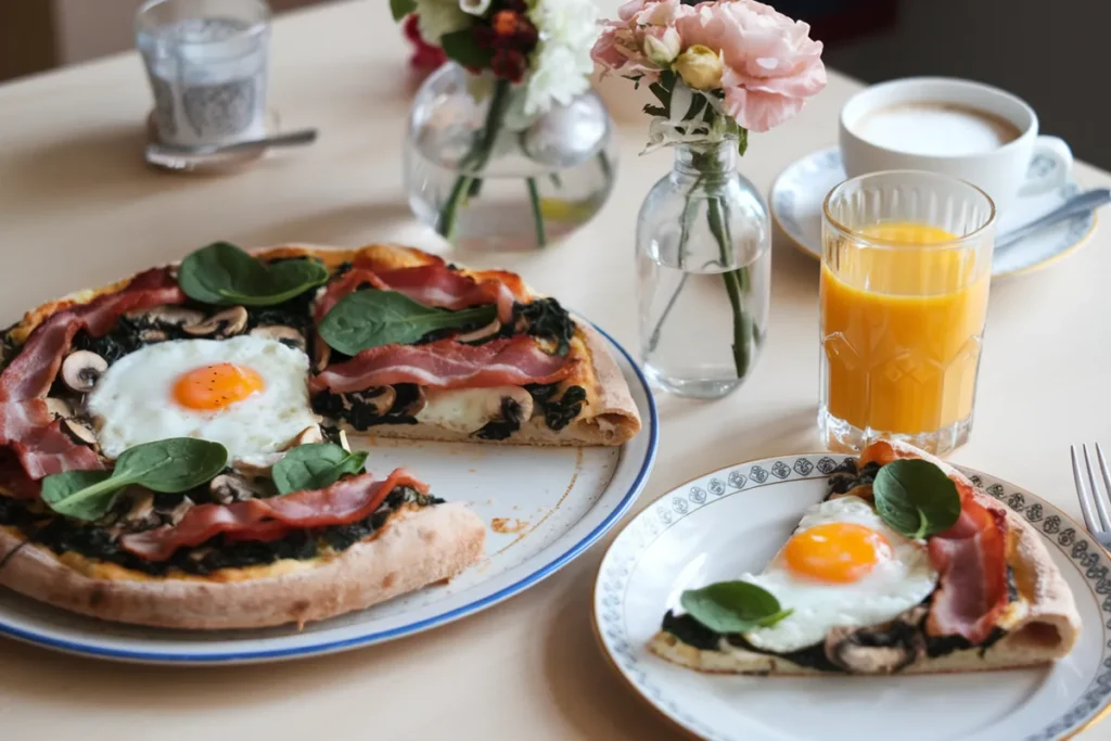 Brunch table with a sliced pizza topped with a cracked egg, spinach, beef bacon, and mushrooms.