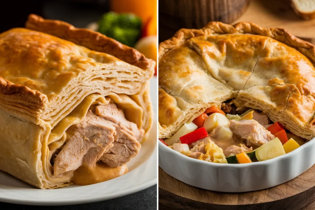 Side-by-side comparison of a golden chicken pie with a double crust and a chicken pot pie with a creamy filling and flaky top crust.