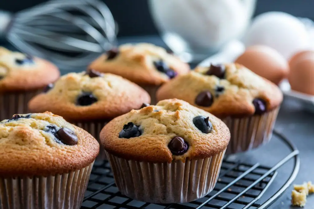 A variety of muffin ingredients including sugar, flour, eggs, butter, and milk with a plate of freshly baked muffins on a wooden cutting board.