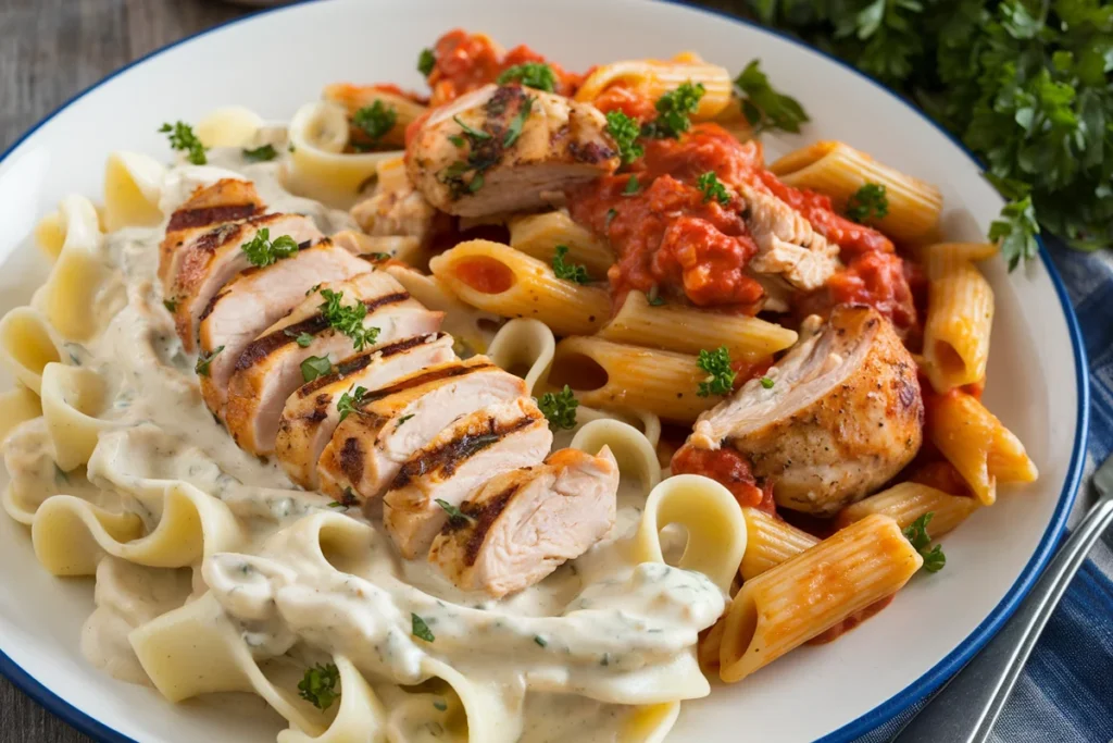 Side-by-side comparison of Chicken Alfredo with creamy fettuccine and Chicken Pasta with tomato-based sauce and vegetables.