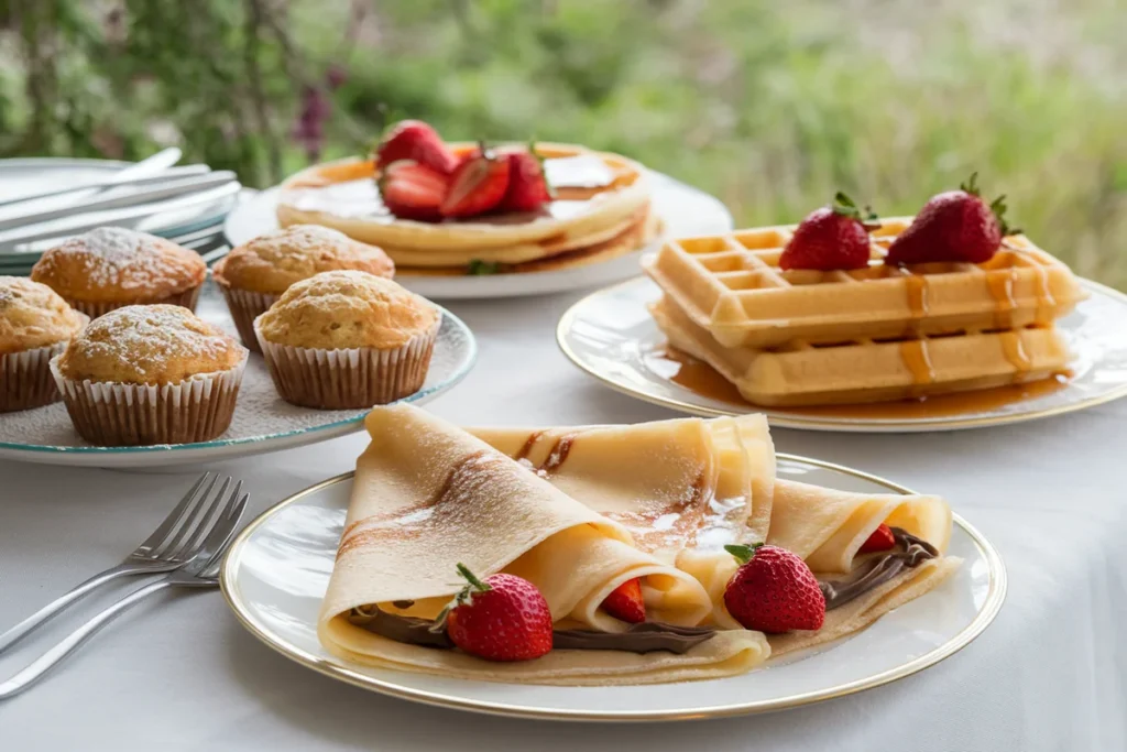 Golden biscuits, scones with raisins, and folded crepes dusted with powdered sugar on a rustic kitchen table.