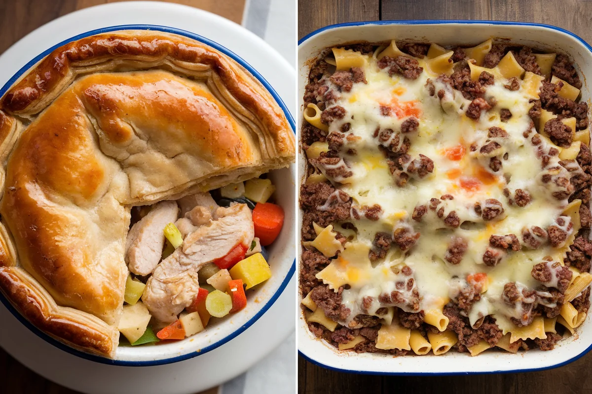 Side-by-side comparison of a golden pot pie and a layered casserole on a kitchen countertop.