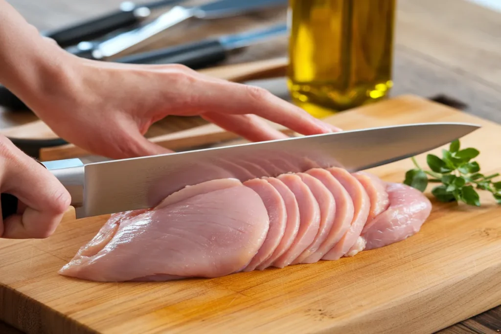 Chicken breast being cut into thin cutlets on a marble countertop