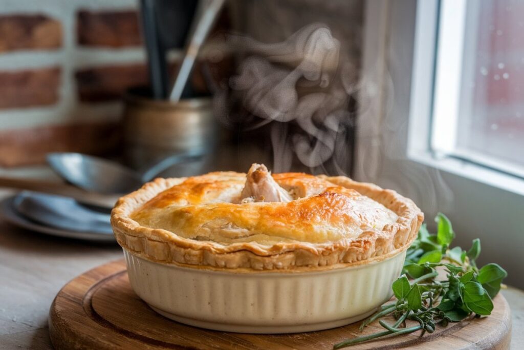 A slice of chicken pot pie on a plate, showing creamy sauce with chicken and vegetables, and a golden flaky crust.