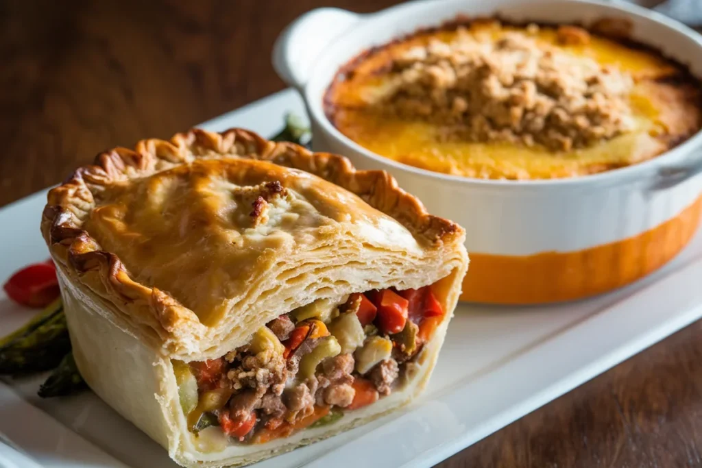 Side-by-side comparison of a golden pot pie and a layered casserole on a kitchen countertop.