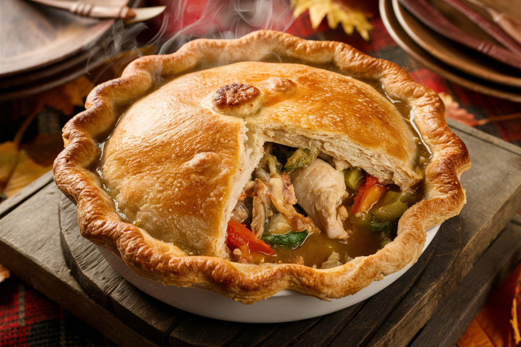 A classic chicken pot pie with a golden-brown flaky crust, partially cut open to reveal a rich and creamy filling of chicken, peas, carrots, and potatoes, set on a rustic kitchen table.