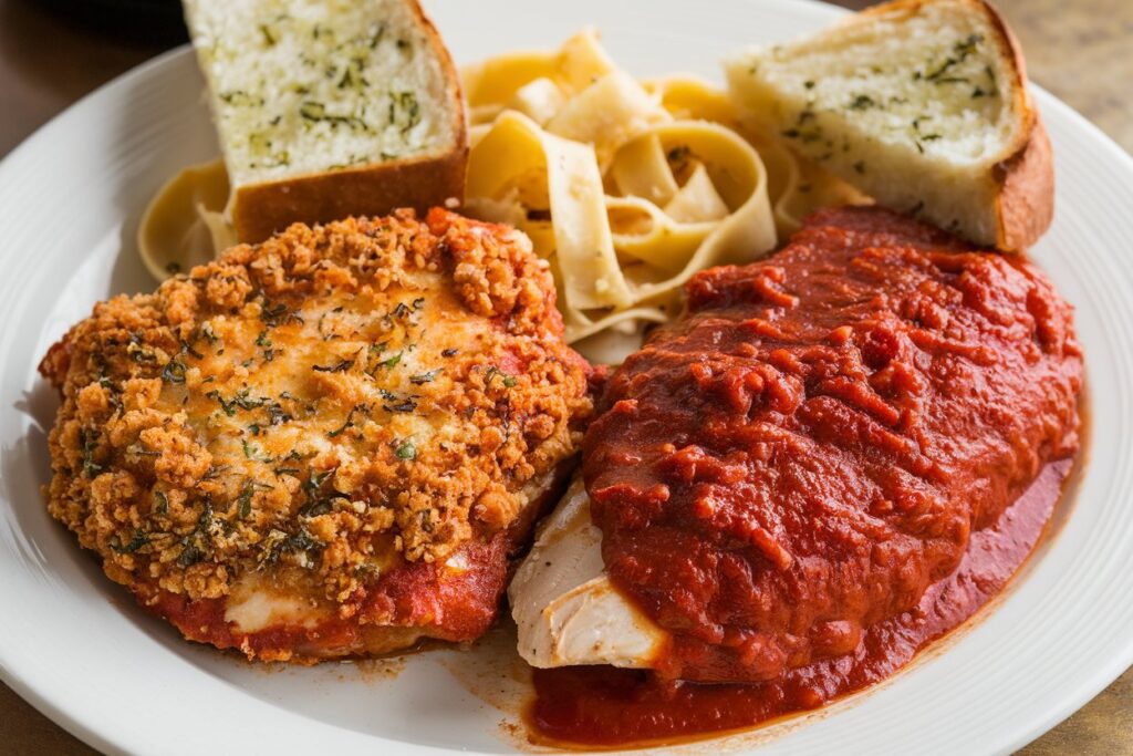 Plate showing the difference between Chicken Parmesan and Chicken Parmigiana, with one side featuring chicken topped with melted mozzarella and marinara over spaghetti, and the other with chicken topped with a lighter cheese layer and herby tomato sauce, served with roasted vegetables and bread.