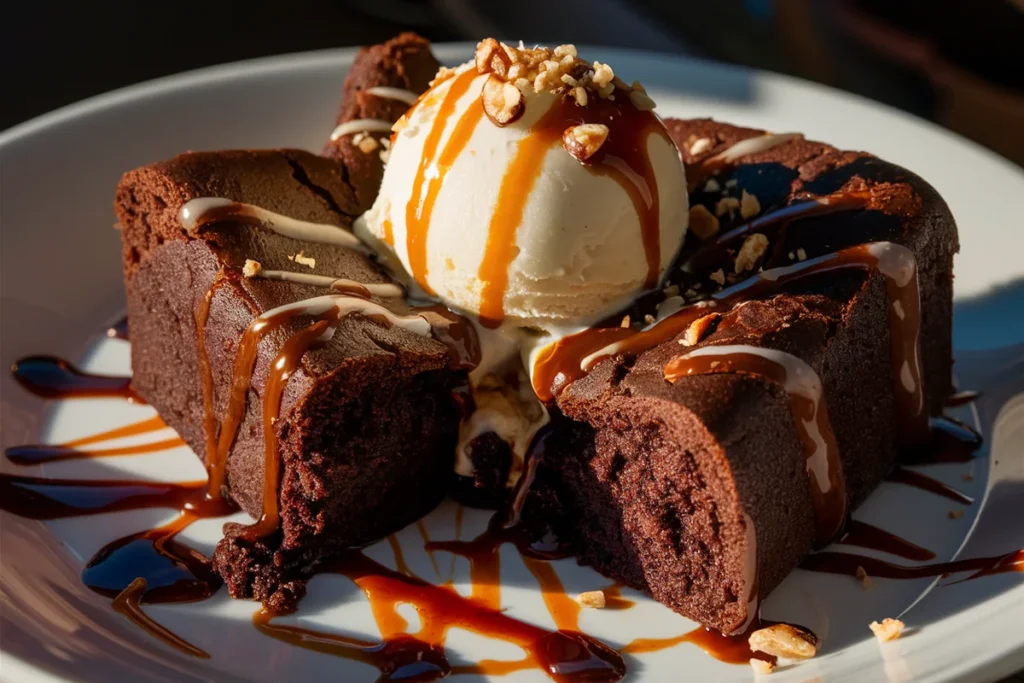 Freshly baked chocolate brownie cake topped with glossy chocolate ganache, sliced to reveal its rich and fudgy texture, with berries and mint garnish on a rustic wooden table.