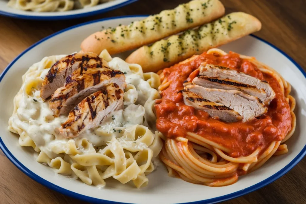 Side-by-side comparison of Chicken Alfredo with creamy fettuccine and Chicken Pasta with tomato-based sauce and vegetables.