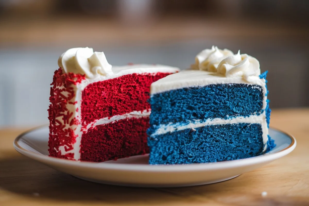 Overhead view of red velvet and blue velvet cakes with cream cheese frosting on a rustic wooden table.