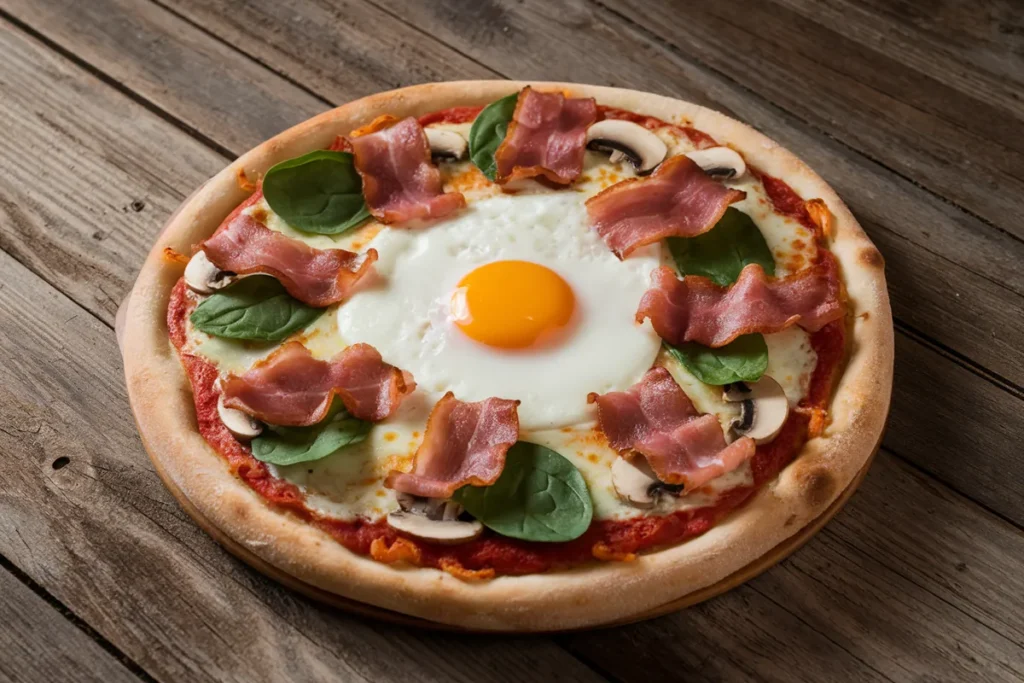 Close-up of a homemade pizza topped with a cracked egg, spinach, beef bacon, and mushrooms.