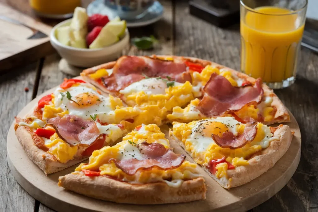 A breakfast pizza with scrambled eggs, turkey bacon, and cheese on a wooden table, next to a glass of orange juice and a bowl of fruit.