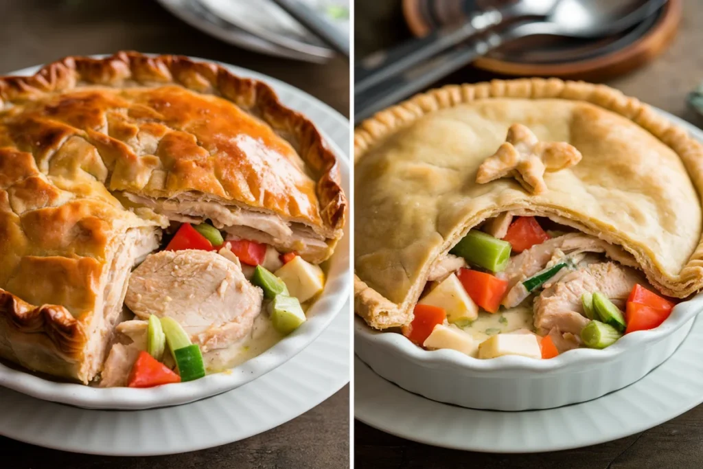 Side-by-side comparison of a golden chicken pie with a double crust and a chicken pot pie with a creamy filling and flaky top crust.