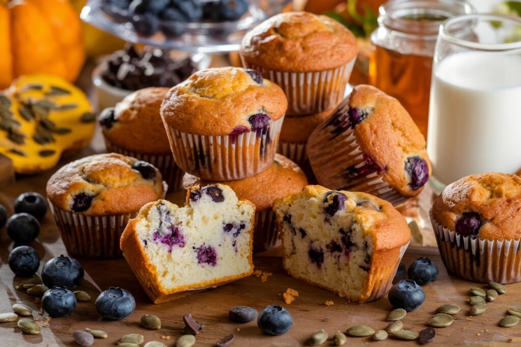 A variety of moist muffins, including blueberry, chocolate chip, and pumpkin spice, displayed on a wooden table with fresh ingredients.