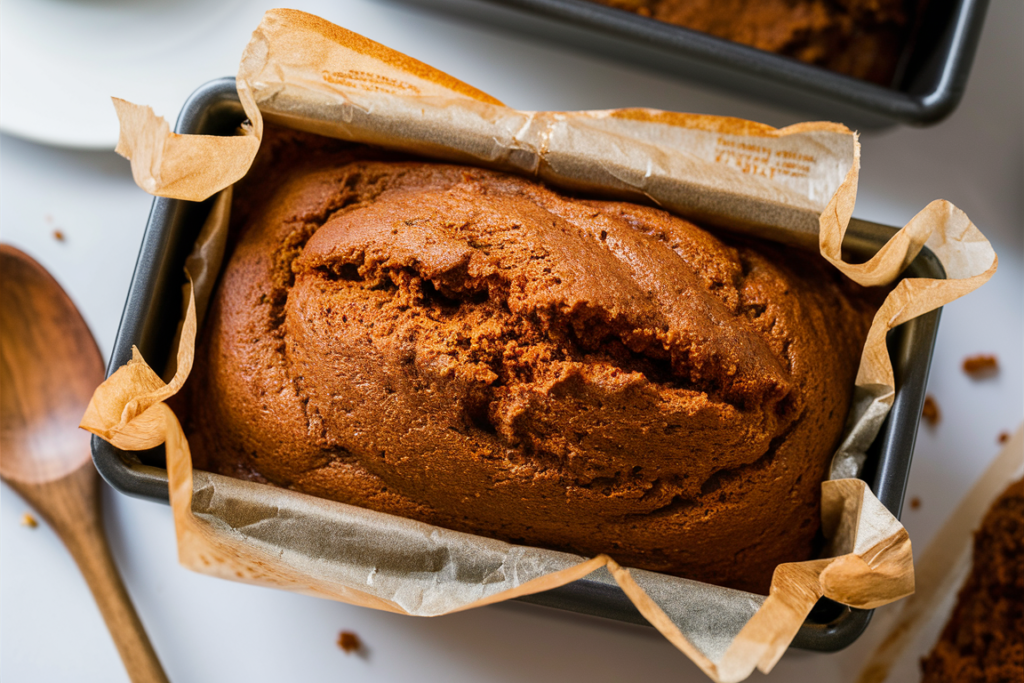 A freshly baked cake made from a cake mix in a loaf pan, cooling on a wire rack.