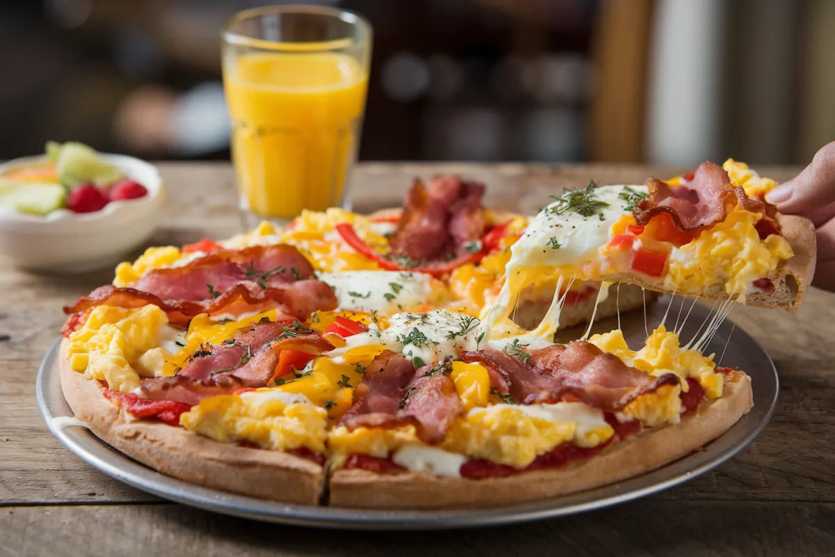 A breakfast pizza with scrambled eggs, turkey bacon, and cheese on a wooden table, next to a glass of orange juice and a bowl of fruit.