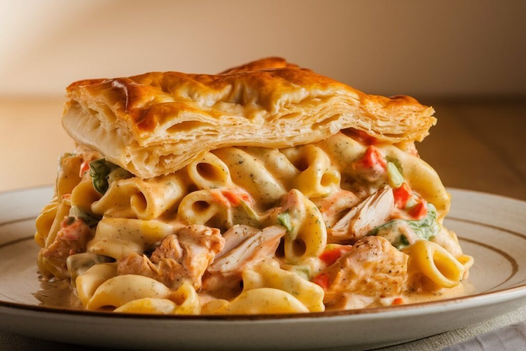 A steaming dish of Chicken Pot Pie Pasta in a rustic kitchen, featuring wide egg noodles, tender chicken, peas, carrots, corn, and a golden-brown puff pastry crust.