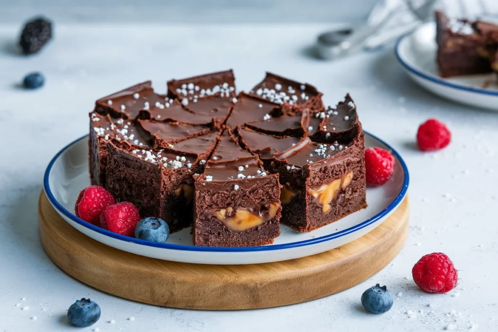 Freshly baked chocolate brownie cake topped with glossy chocolate ganache, sliced to reveal its rich and fudgy texture, with berries and mint garnish on a rustic wooden table.