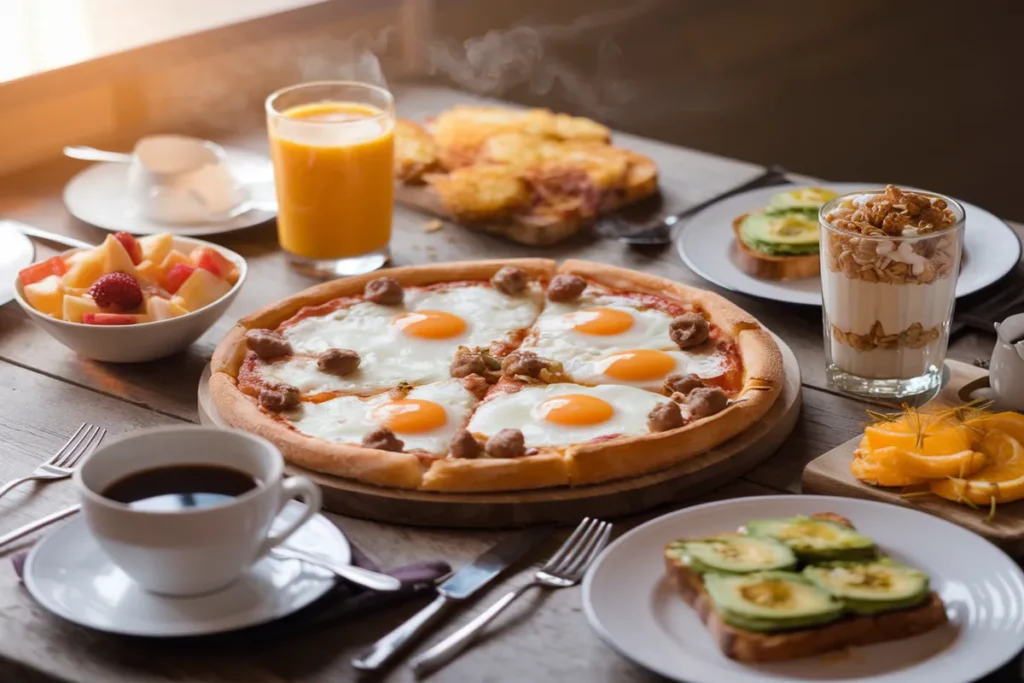 Breakfast pizza with eggs, cheese, and sausage, surrounded by fruit salad, hash browns, avocado toast, and a yogurt parfait on a wooden table.