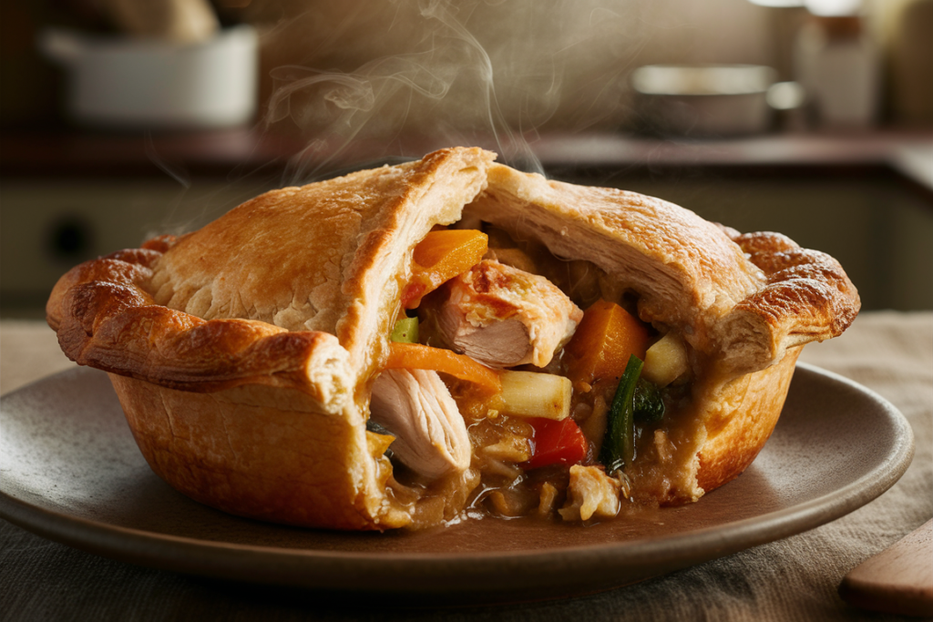 A classic chicken pot pie with a golden-brown flaky crust, partially cut open to reveal a rich and creamy filling of chicken, peas, carrots, and potatoes, set on a rustic kitchen table.