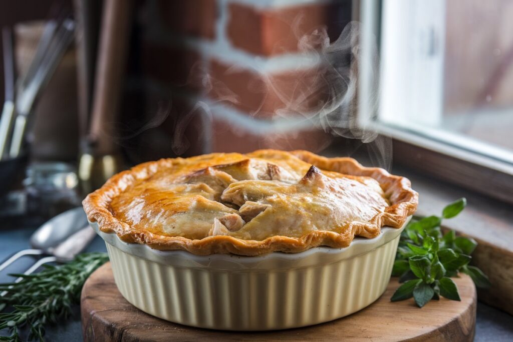 A slice of chicken pot pie on a plate, showing creamy sauce with chicken and vegetables, and a golden flaky crust.