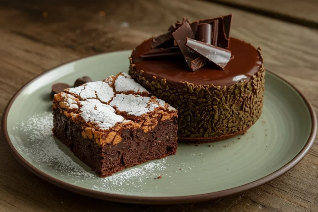 A split-screen image comparing a dense, fudgy brownie with a light, airy slice of cake.