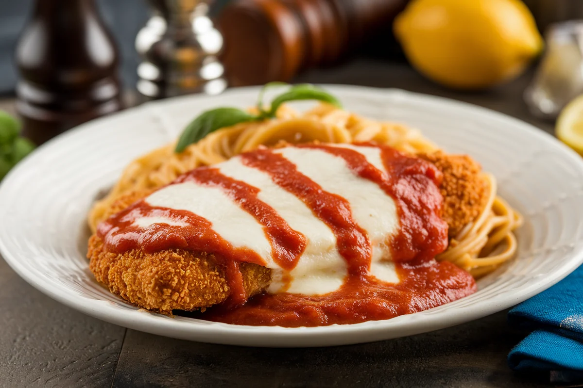 Plate of chicken Parmesan with melted mozzarella cheese, marinara sauce, and a garnish of fresh basil leaves.