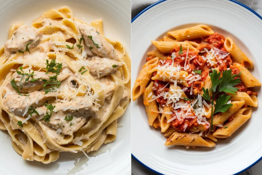 Side-by-side comparison of Chicken Alfredo with creamy fettuccine and Chicken Pasta with tomato-based sauce and vegetables.