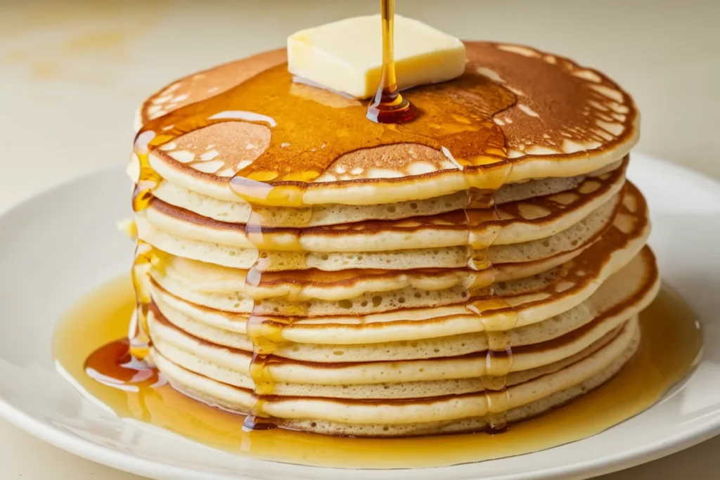 Stack of fluffy diner pancakes with butter and syrup in a classic diner setting