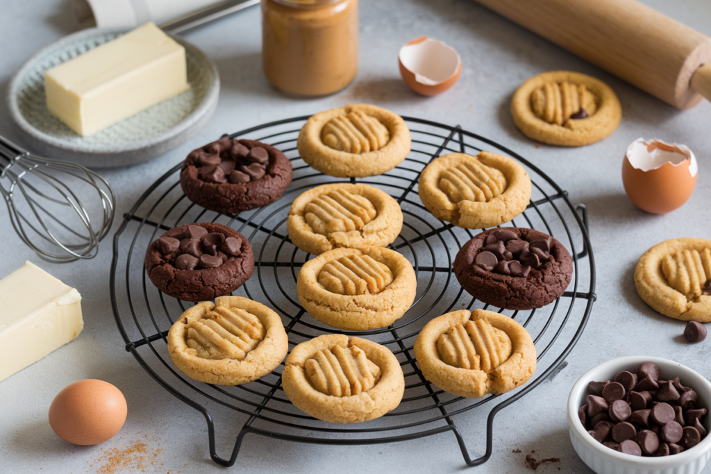 A variety of homemade cookies on a marble countertop, with baking ingredients and utensils around.