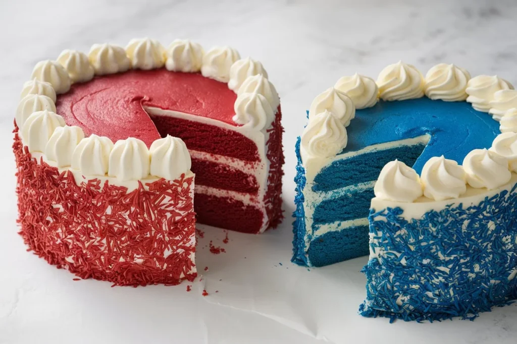 Overhead view of red velvet and blue velvet cakes with cream cheese frosting on a rustic wooden table.