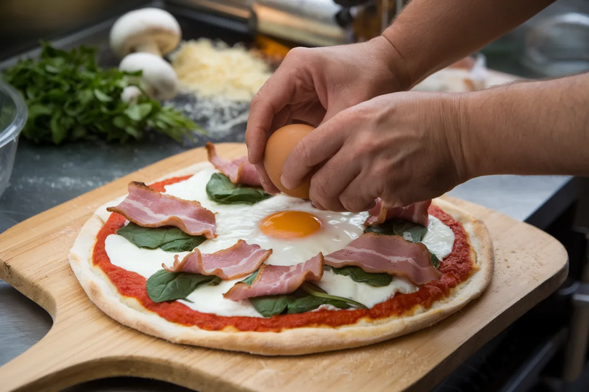 Hands cracking an egg over a pizza with tomato sauce, mozzarella, spinach, and beef bacon.