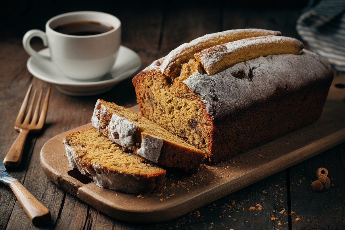 Banana bread made with cake mix, freshly sliced and served on a wooden board.