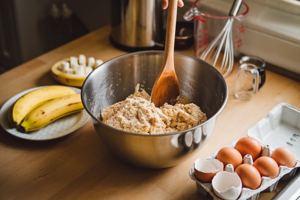 Mixing bowl with cake mix being stirred, surrounded by mashed bananas and eggs on a kitchen countertop, illustrating the use of bananas as an egg substitute in baking.