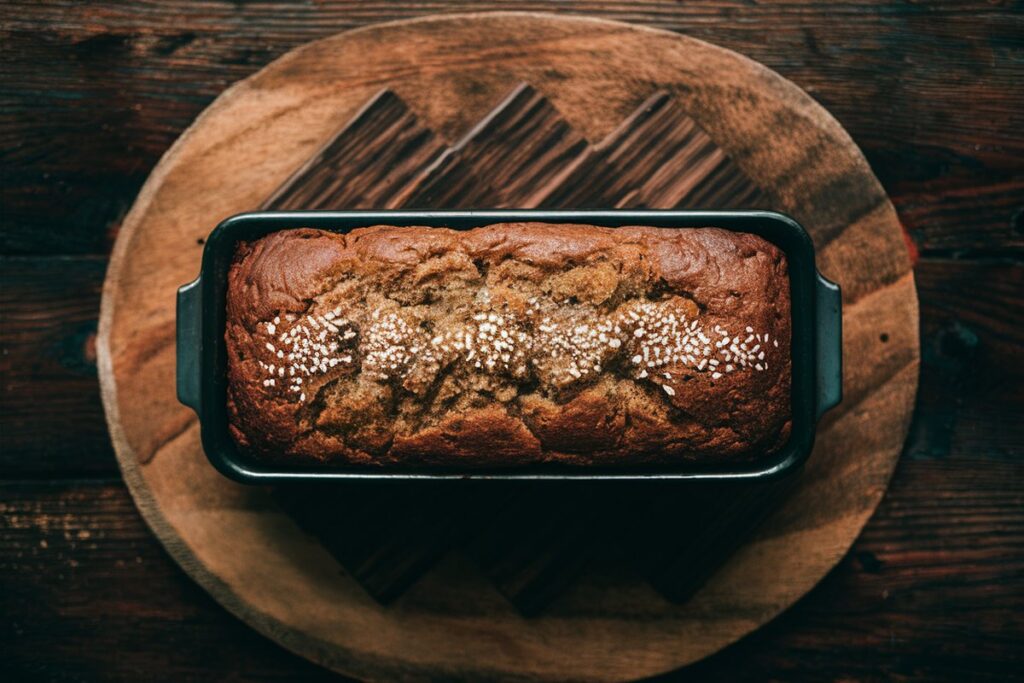 Collapsed banana bread loaf on a cooling rack after baking