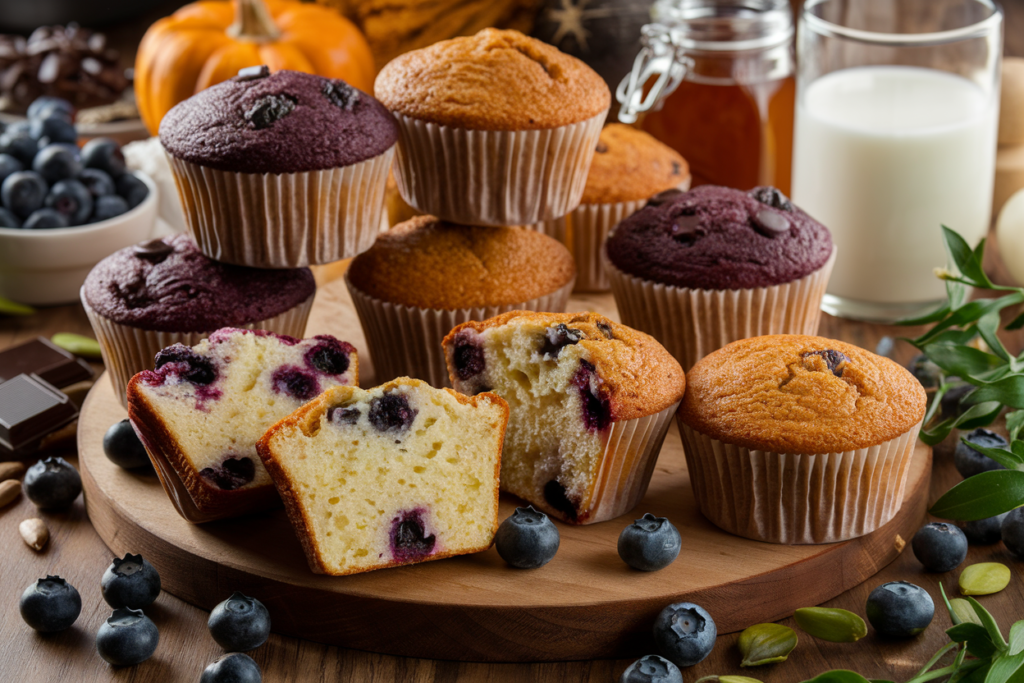 A variety of moist muffins, including blueberry, chocolate chip, and pumpkin spice, displayed on a wooden table with fresh ingredients.