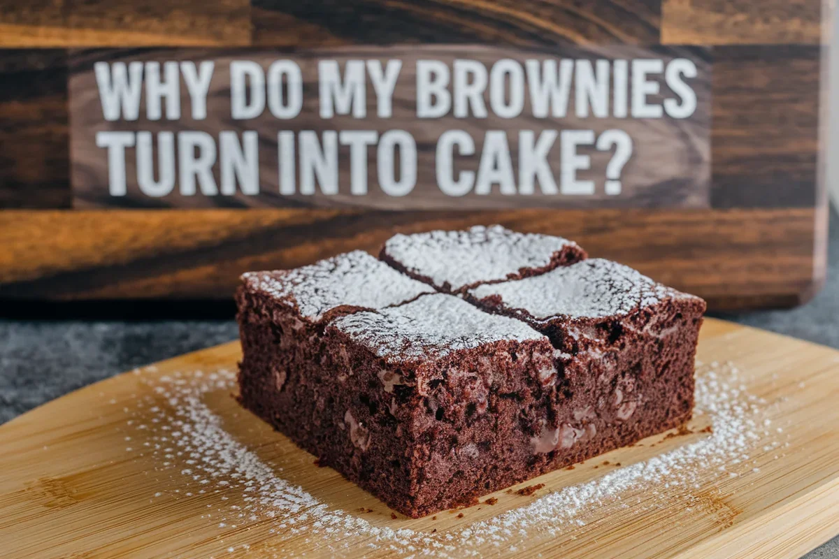 A comparison of two types of brownies, one batch cakey and the other fudgy, with baking tools in the background.