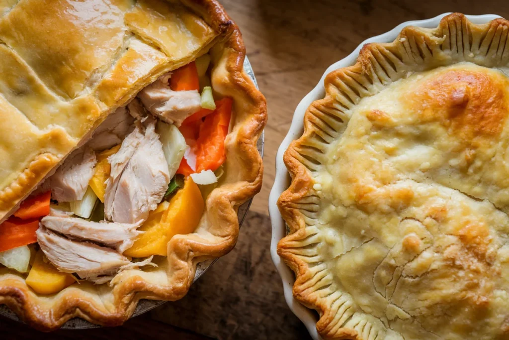 Side-by-side comparison of a golden chicken pie with a double crust and a chicken pot pie with a creamy filling and flaky top crust.