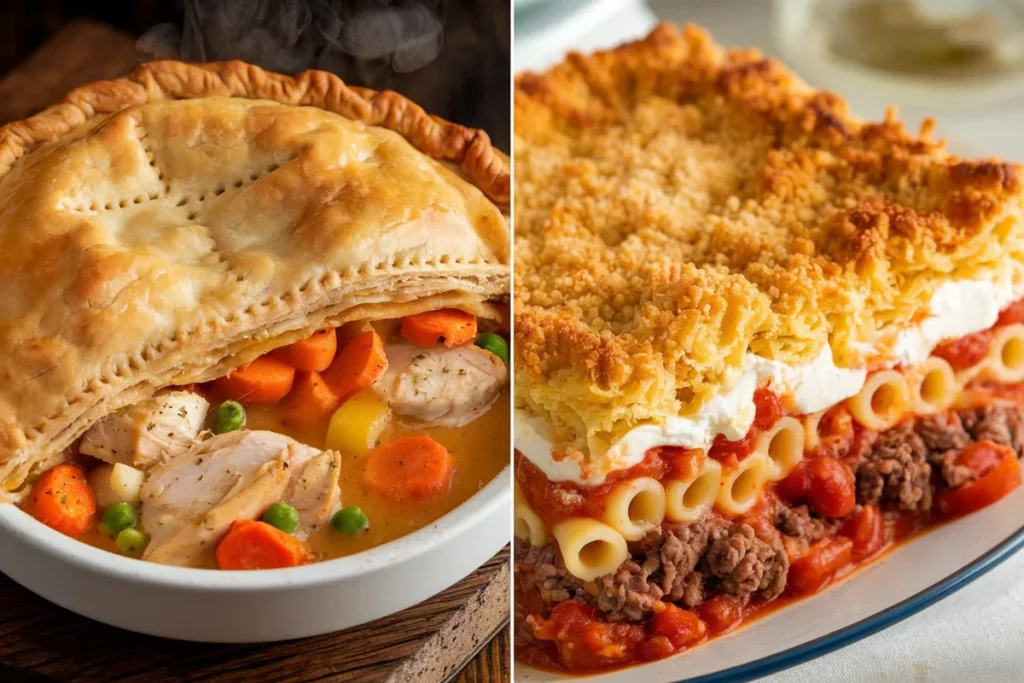 Side-by-side comparison of a golden pot pie and a layered casserole on a kitchen countertop.