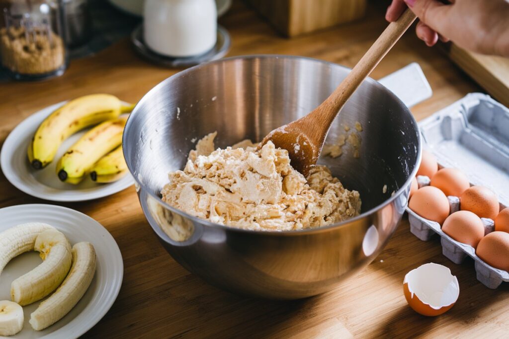 Mixing bowl with cake mix being stirred, surrounded by mashed bananas and eggs on a kitchen countertop, illustrating the use of bananas as an egg substitute in baking.