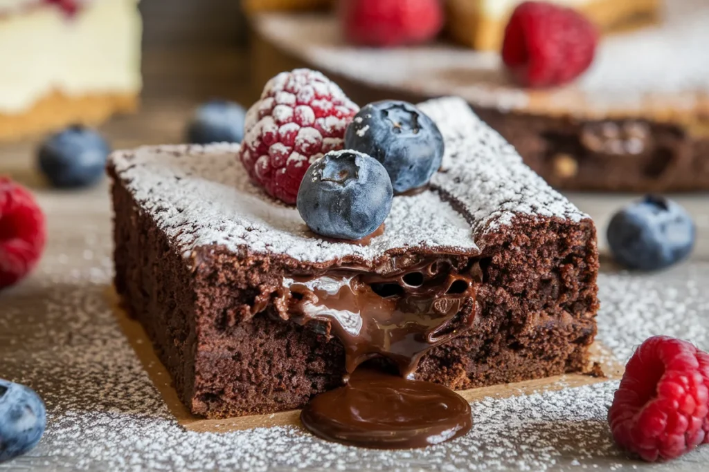 Freshly baked chocolate brownie cake topped with glossy chocolate ganache, sliced to reveal its rich and fudgy texture, with berries and mint garnish on a rustic wooden table.