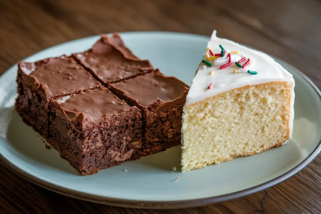 A split-screen image comparing a dense, fudgy brownie with a light, airy slice of cake.